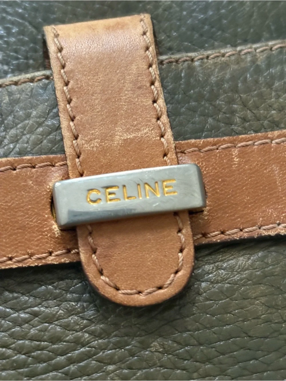 Vintage Celine Olive Green Pebbled Leather Messenger with Tan Trim